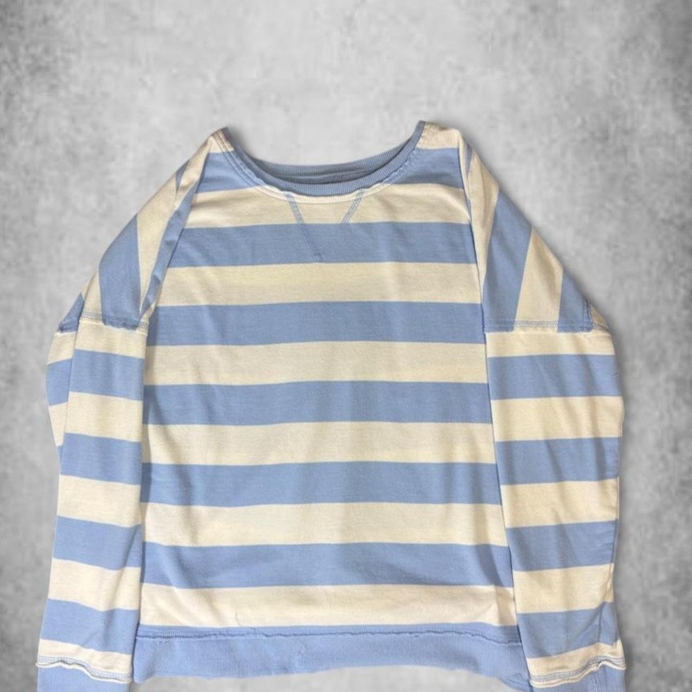 Crown & Ivy Light Blue White Striped Long Sleeve Pullover Top Womens Medium